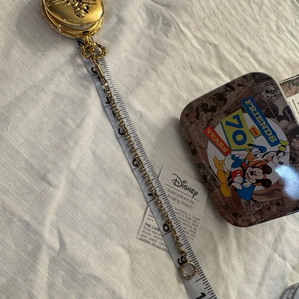 Disney Friends for 70 Years Watch and Tin timepiece gold tone on 7” chain 1998